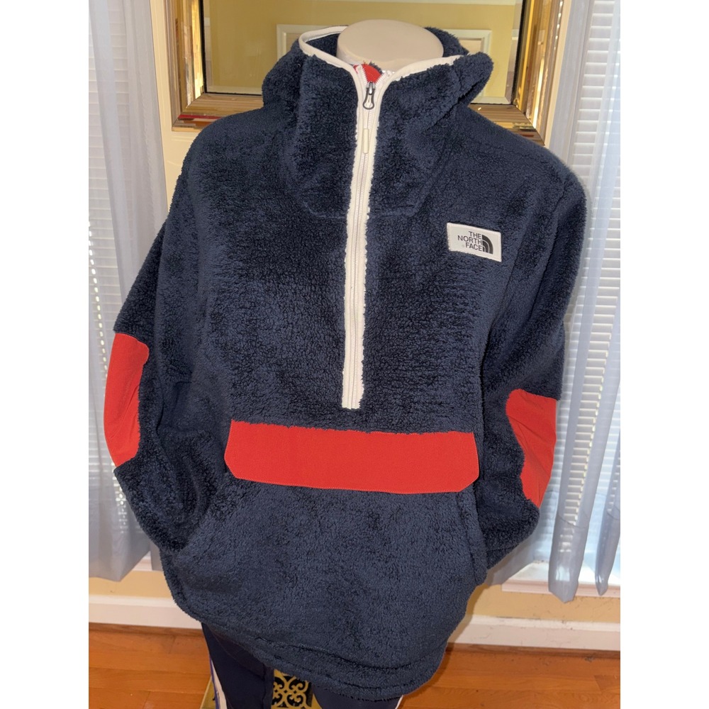 The North Face Mens XXL Sherpa Fleece Quarter Zip Hoodie Navy Blue Red Pullover